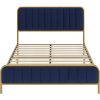 Queen Gold Metal Platform Bed Frame with Navy Blue Velvet Upholstered Headboard
