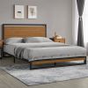 Queen size Modern Metal Platform Bed Frame with Solid Brown Wood Slatted Headboard