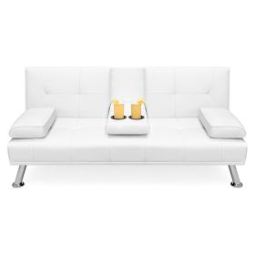 White Faux Leather Convertible Sofa Futon with 2 Cup Holders